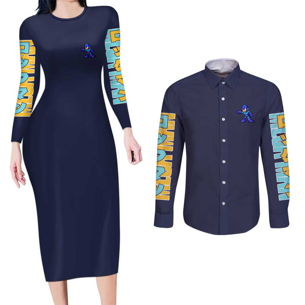 Mega Man Couples Matching Long Sleeve Bodycon Dress and Long Sleeve Button Shirt Anime Style