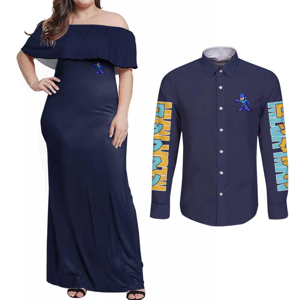 Mega Man Couples Matching Off Shoulder Maxi Dress and Long Sleeve Button Shirt Anime Style