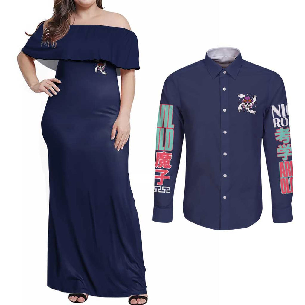 Nico Robin V2 One Piece Couples Matching Off Shoulder Maxi Dress and Long Sleeve Button Shirt Anime Style