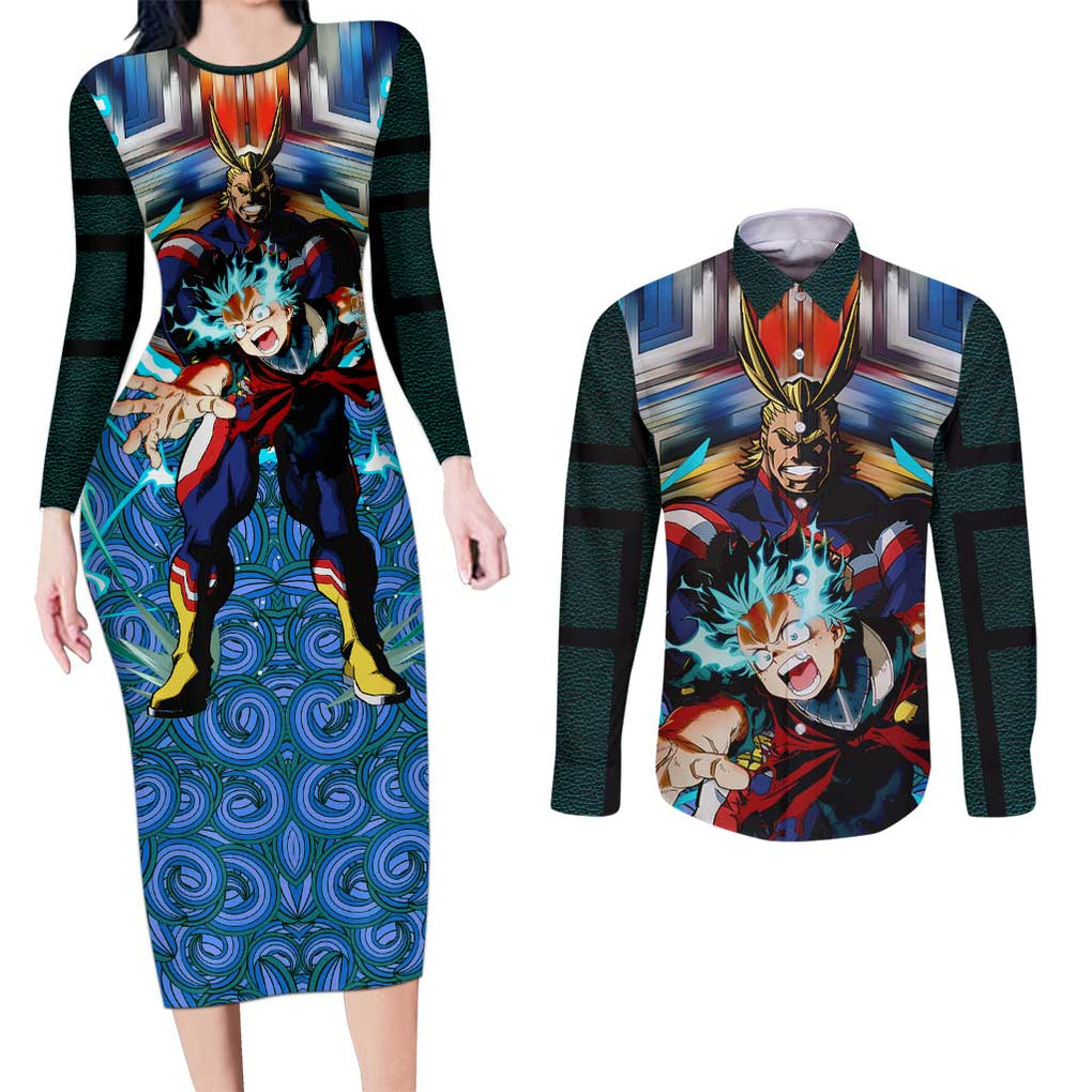 Trippy Deku x All Might My Hero Academia Couples Matching Long Sleeve Bodycon Dress and Long Sleeve Button Shirt Trippy Style