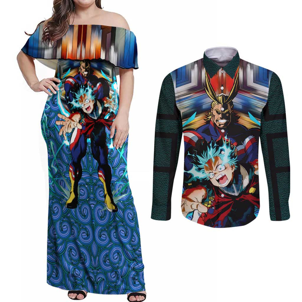 Trippy Deku x All Might My Hero Academia Couples Matching Off Shoulder Maxi Dress and Long Sleeve Button Shirt Trippy Style