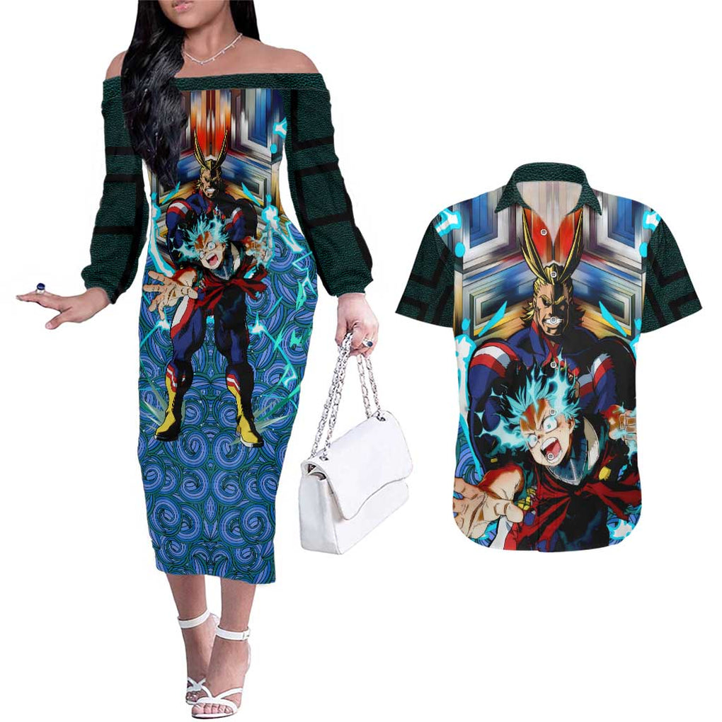 Trippy Deku x All Might My Hero Academia Couples Matching Off The Shoulder Long Sleeve Dress and Hawaiian Shirt Trippy Style