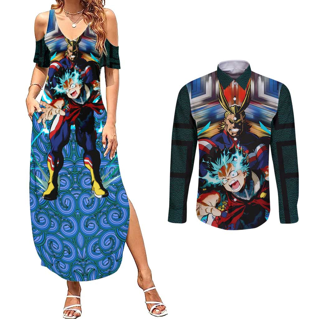 Trippy Deku x All Might My Hero Academia Couples Matching Summer Maxi Dress and Long Sleeve Button Shirt Trippy Style