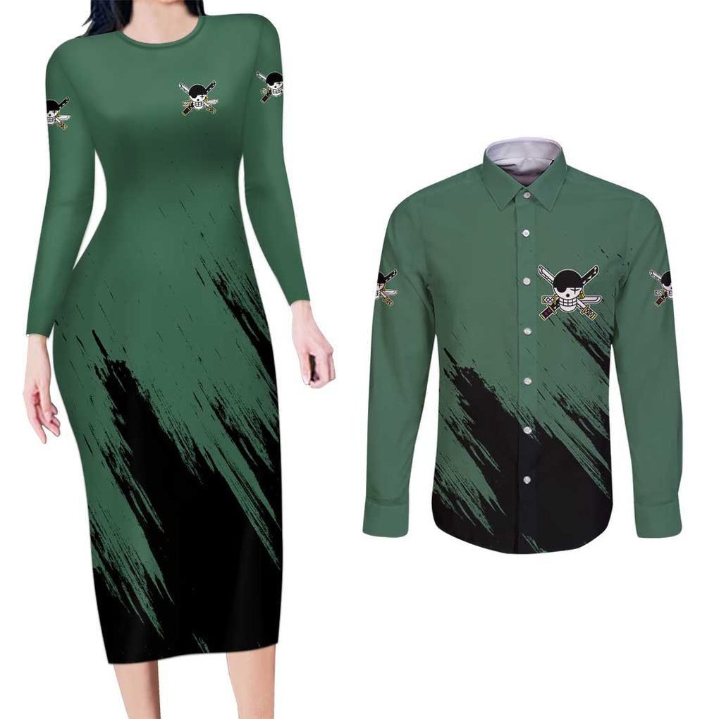 Roronoa Zoro Mix Manga - One Piece Couples Matching Long Sleeve Bodycon Dress and Long Sleeve Button Shirt Anime Style