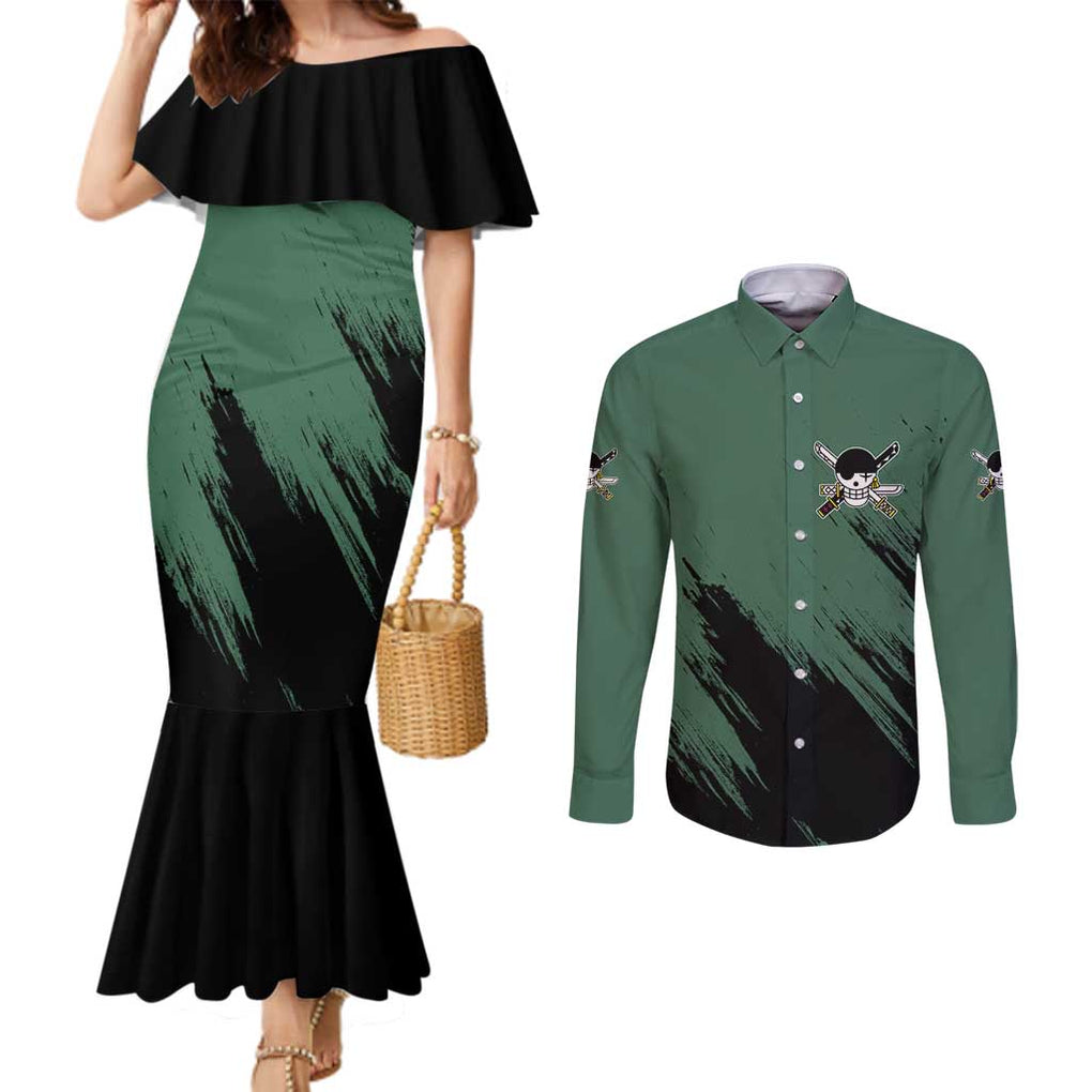 Roronoa Zoro Mix Manga - One Piece Couples Matching Mermaid Dress and Long Sleeve Button Shirt Anime Style