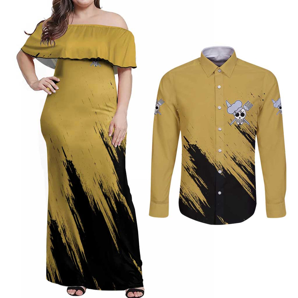 Sanji Mix Manga - One Piece Couples Matching Off Shoulder Maxi Dress and Long Sleeve Button Shirt Anime Style