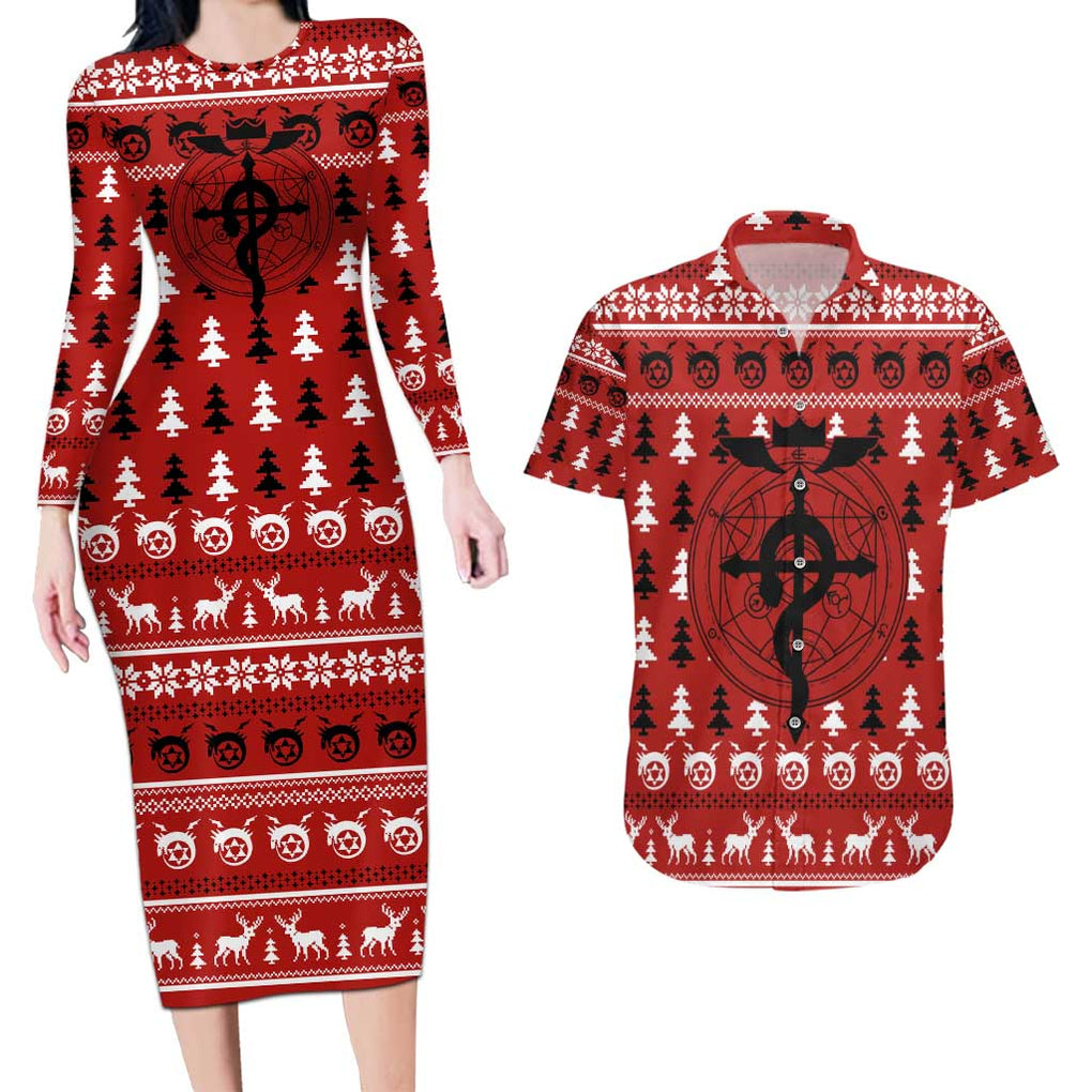 Fullmetal Alchemist - Fullmetal Alchemist Couples Matching Long Sleeve Bodycon Dress and Hawaiian Shirt Anime Mix Christmas Style