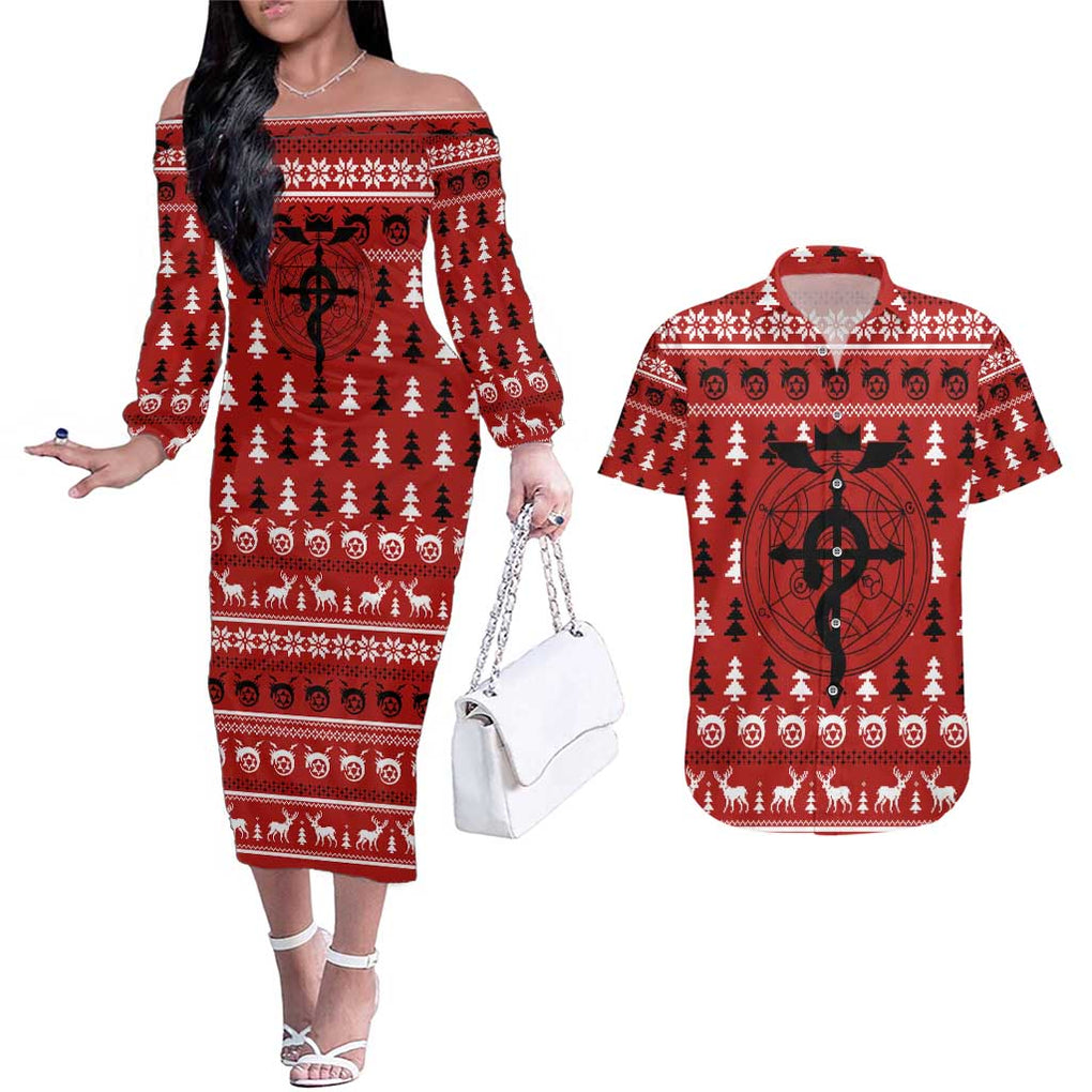 Fullmetal Alchemist - Fullmetal Alchemist Couples Matching Off The Shoulder Long Sleeve Dress and Hawaiian Shirt Anime Mix Christmas Style