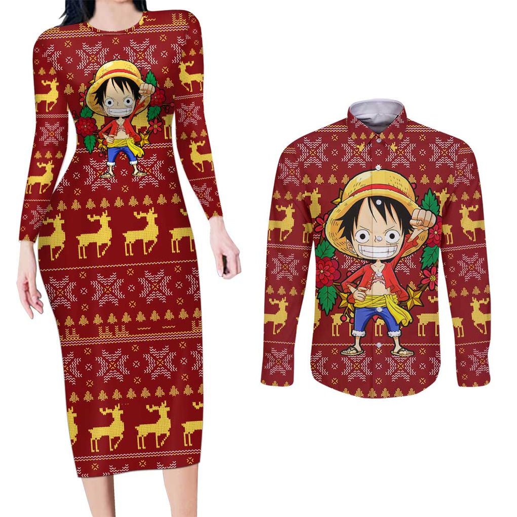 Luffy - One Piece Couples Matching Long Sleeve Bodycon Dress and Long Sleeve Button Shirt Anime Mix Christmas Style