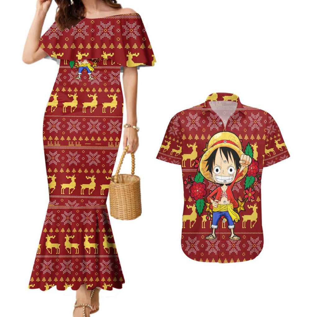 Luffy - One Piece Couples Matching Mermaid Dress and Hawaiian Shirt Anime Mix Christmas Style