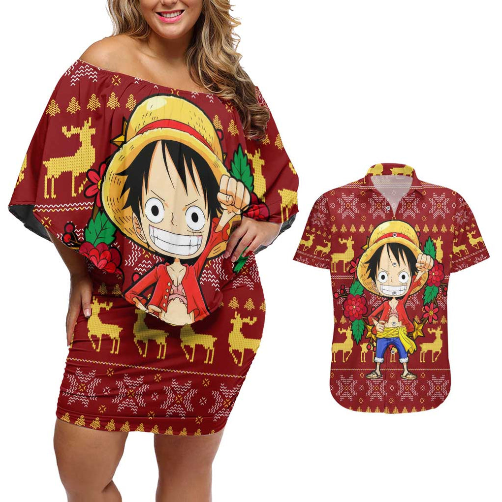 Luffy - One Piece Couples Matching Off Shoulder Short Dress and Hawaiian Shirt Anime Mix Christmas Style