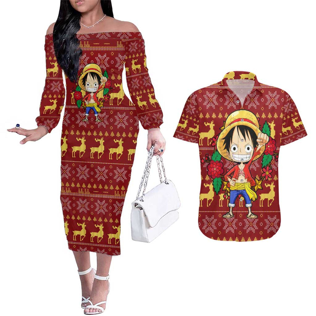 Luffy - One Piece Couples Matching Off The Shoulder Long Sleeve Dress and Hawaiian Shirt Anime Mix Christmas Style