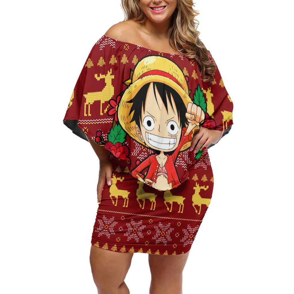 Luffy - One Piece Off Shoulder Short Dress Anime Mix Christmas Style