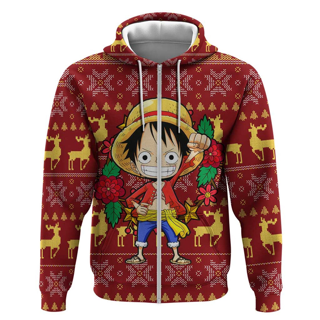 Luffy - One Piece Zip Hoodie Anime Mix Christmas Style