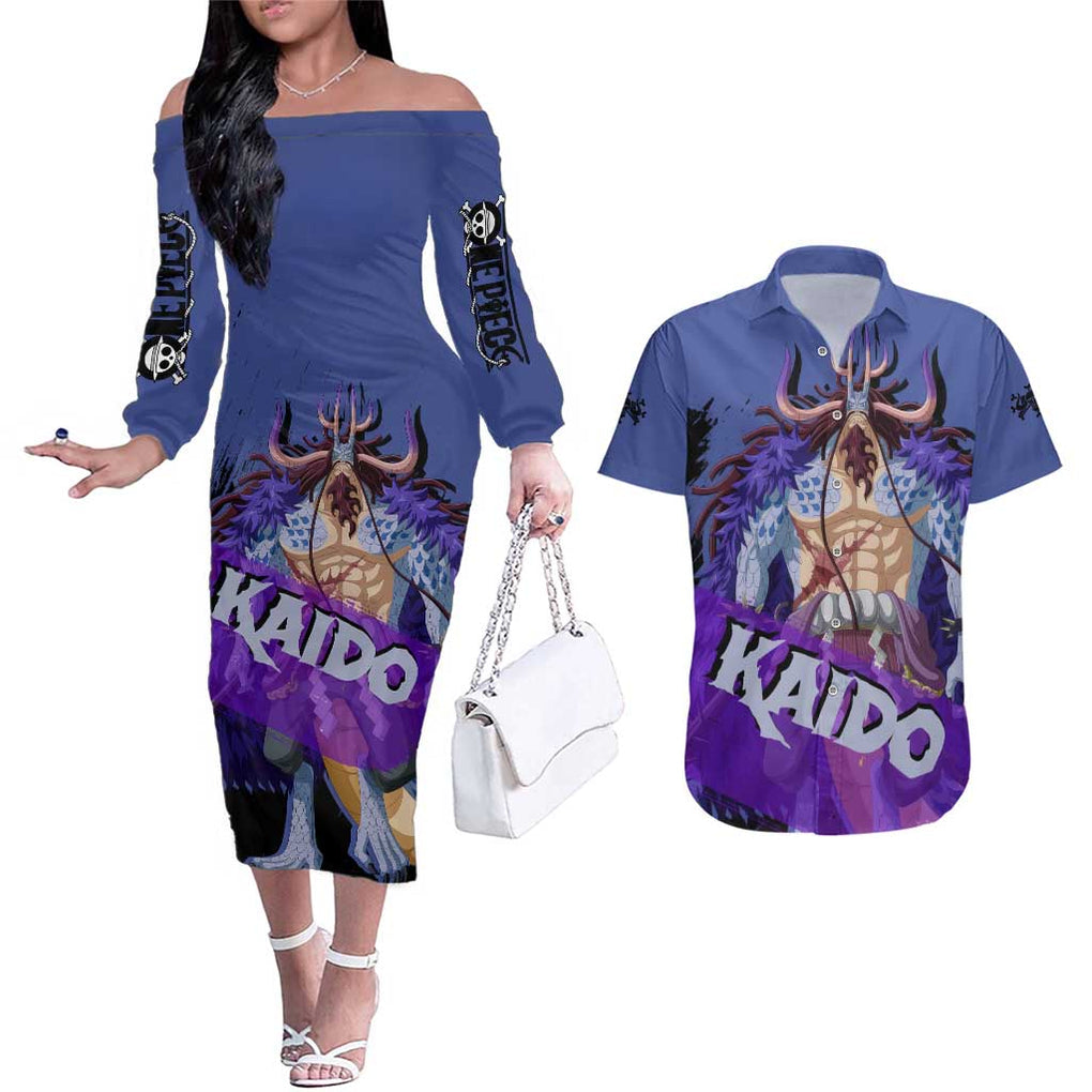 Kaido - One Piece Couples Matching Off The Shoulder Long Sleeve Dress and Hawaiian Shirt Anime Style