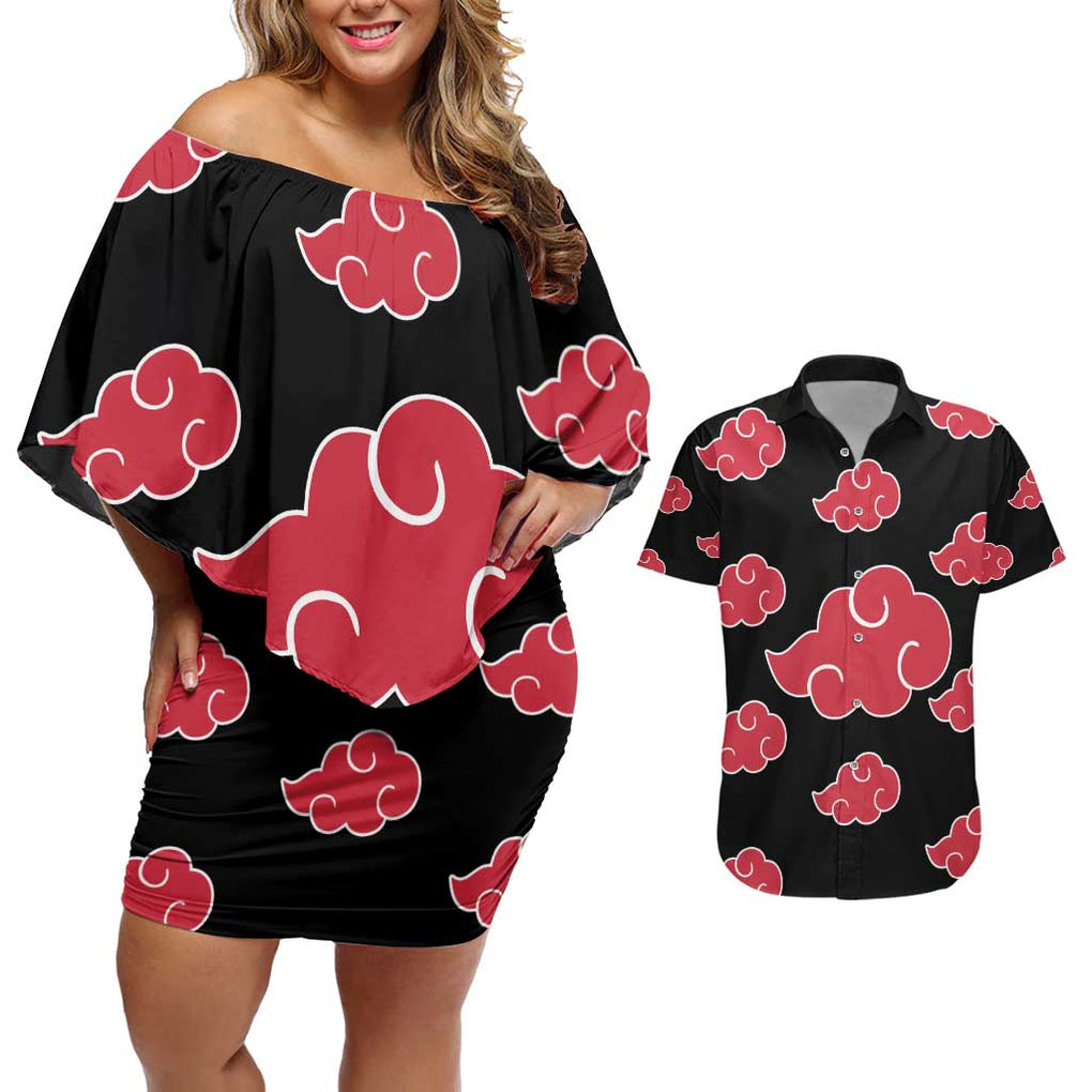 Akatsuki Uniform - Naruto Couples Matching Off Shoulder Short Dress and Hawaiian Shirt Anime Style