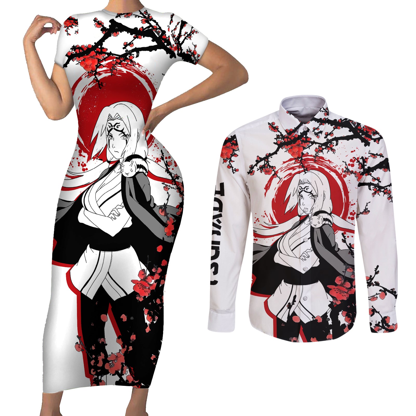 Tsunade - Japan Style Anime Couples Matching Short Sleeve Bodycon Dress and Long Sleeve Button Shirt