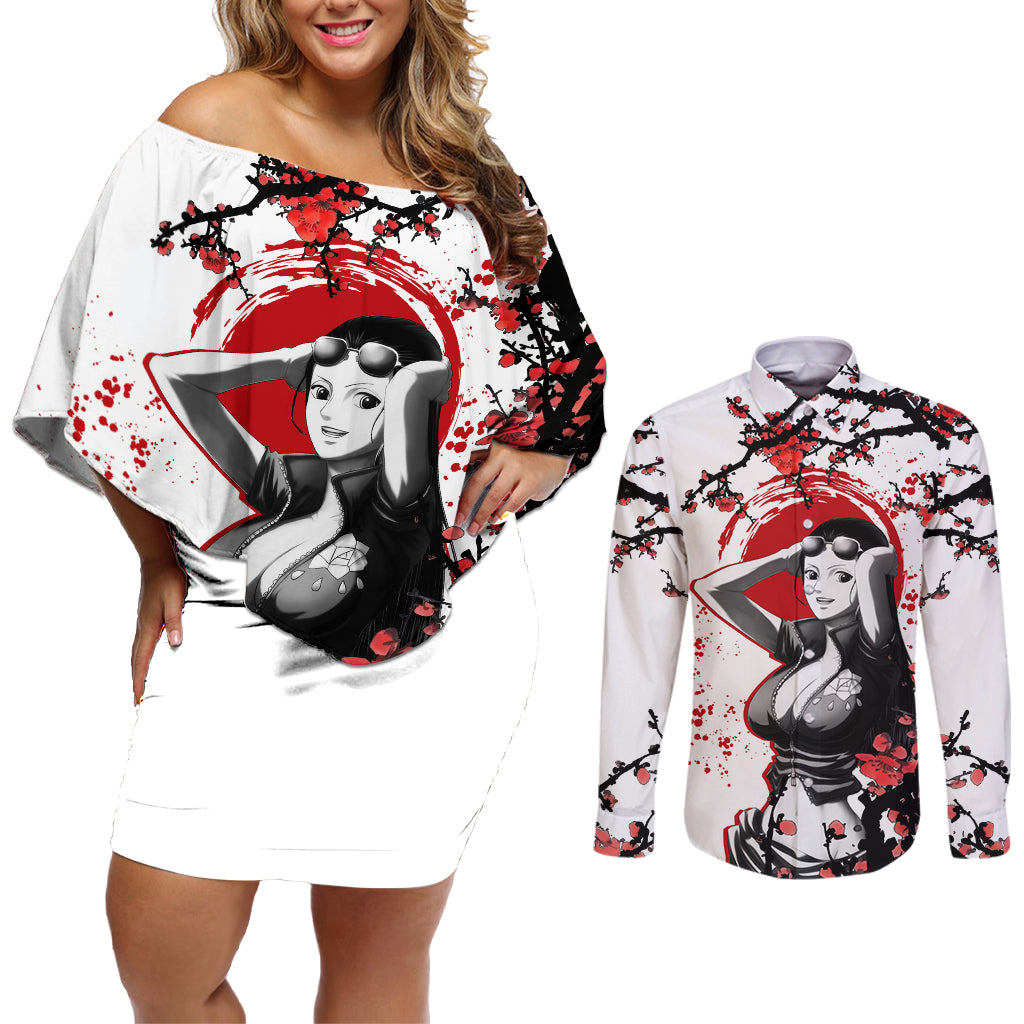 Nico Robin - Japan Style Anime Couples Matching Off Shoulder Short Dress and Long Sleeve Button Shirt