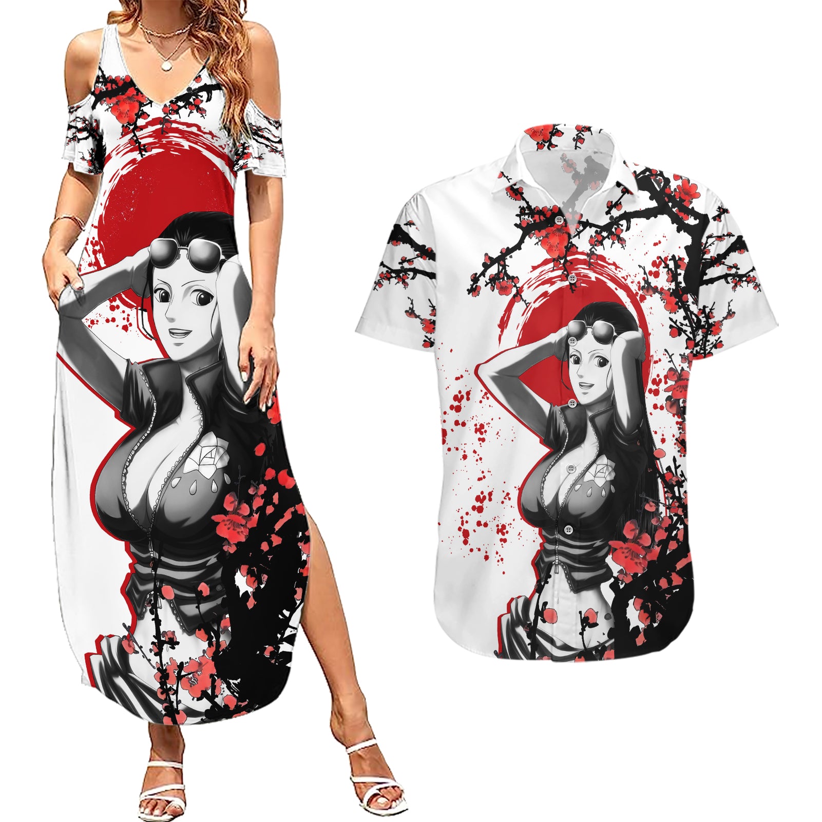 Nico Robin - Japan Style Anime Couples Matching Summer Maxi Dress and Hawaiian Shirt