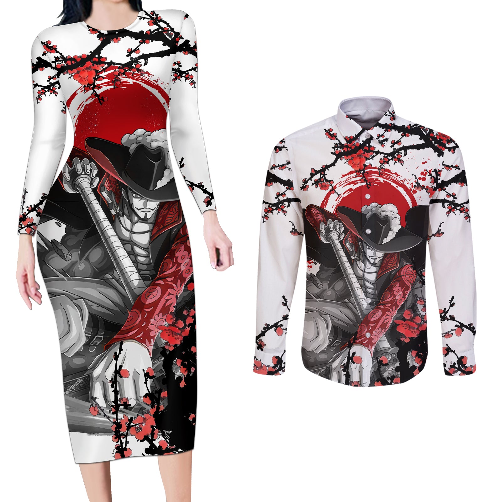 Dracule Mihawk - Japan Style Anime Couples Matching Long Sleeve Bodycon Dress and Long Sleeve Button Shirt