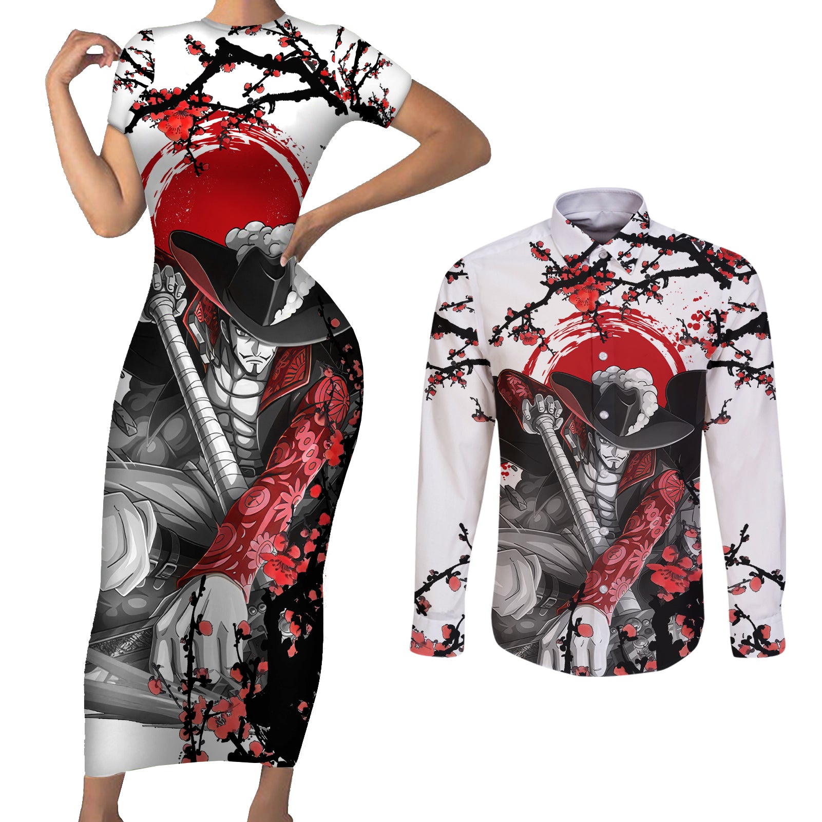 Dracule Mihawk - Japan Style Anime Couples Matching Short Sleeve Bodycon Dress and Long Sleeve Button Shirt