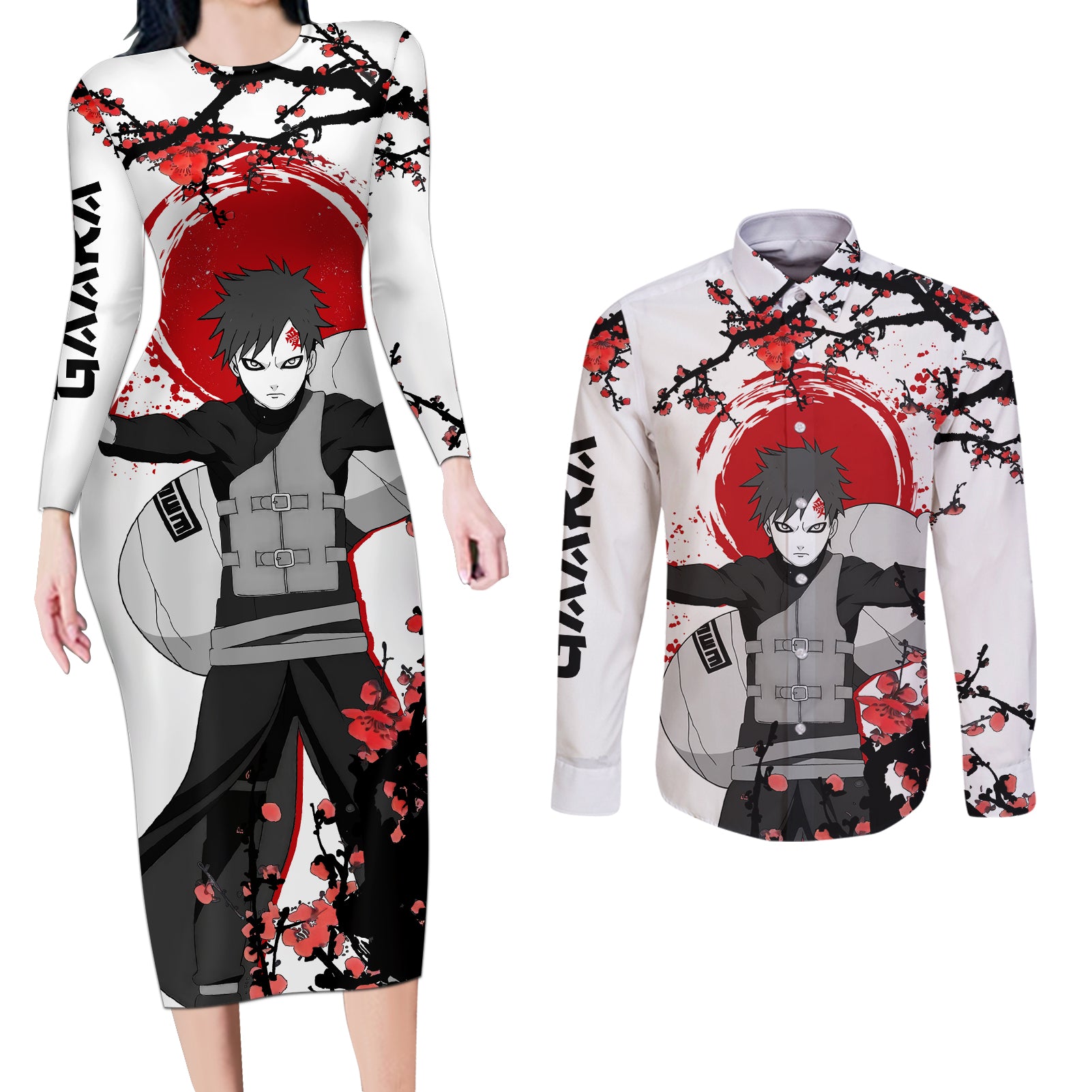 Gaara - Japan Style Anime Couples Matching Long Sleeve Bodycon Dress and Long Sleeve Button Shirt