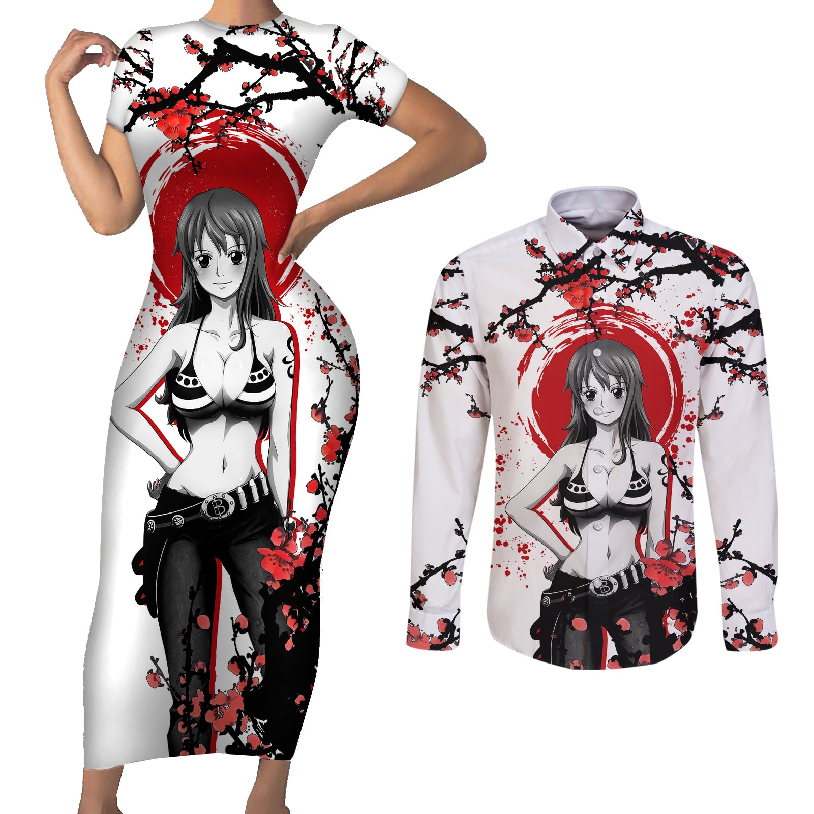 Nami - Japan Style Anime Couples Matching Short Sleeve Bodycon Dress and Long Sleeve Button Shirt