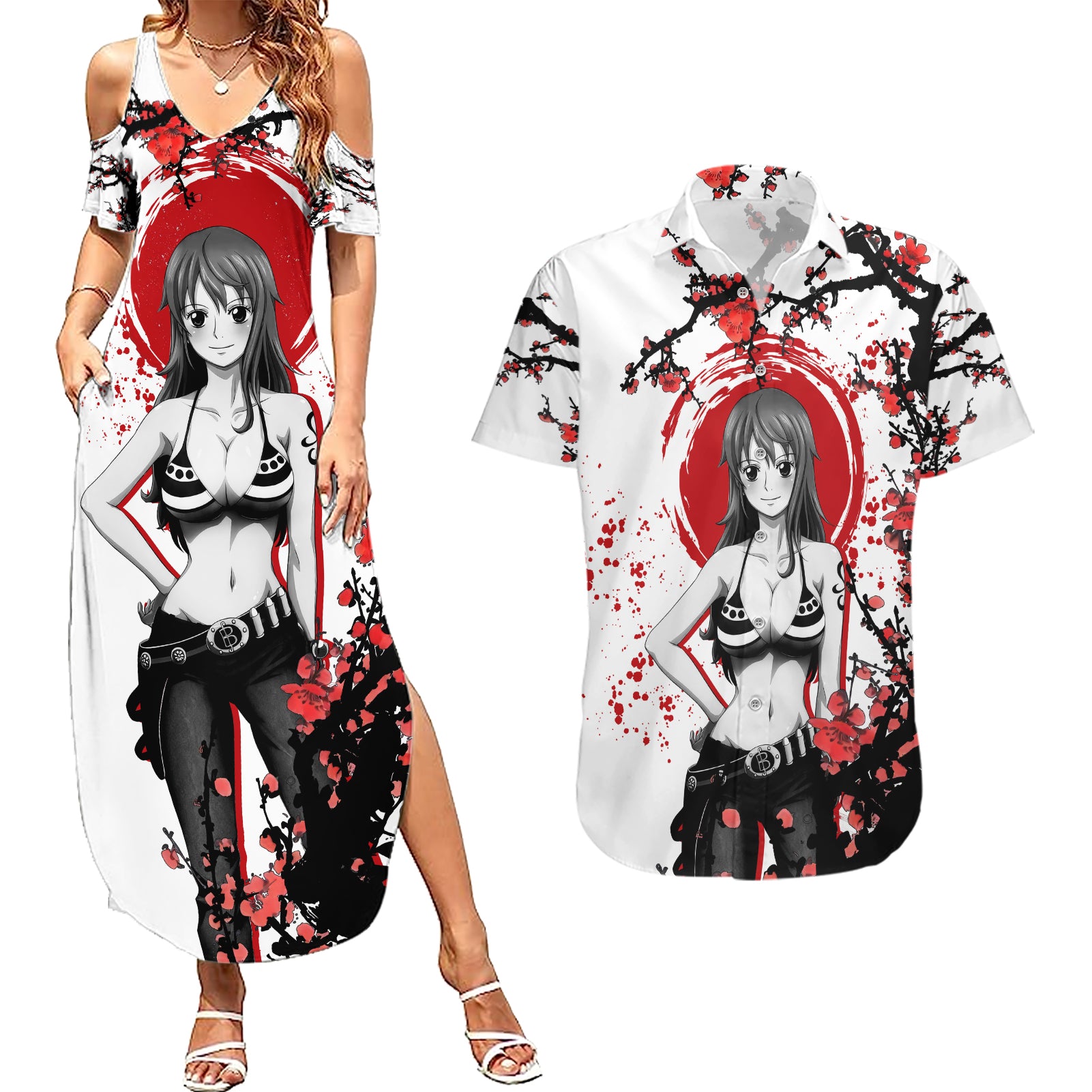 Nami - Japan Style Anime Couples Matching Summer Maxi Dress and Hawaiian Shirt