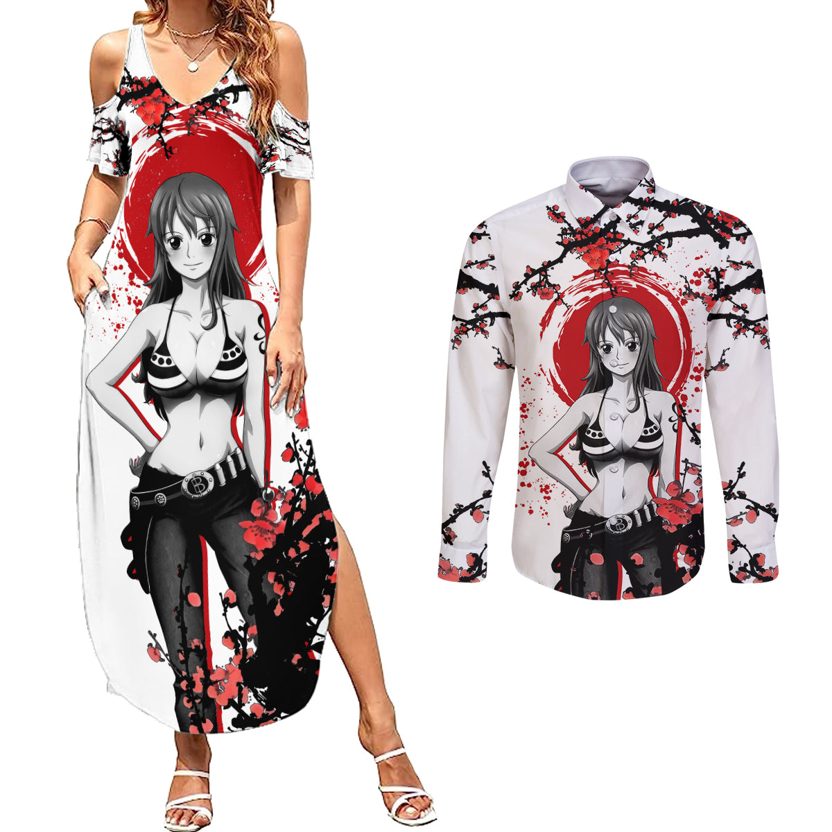 Nami - Japan Style Anime Couples Matching Summer Maxi Dress and Long Sleeve Button Shirt