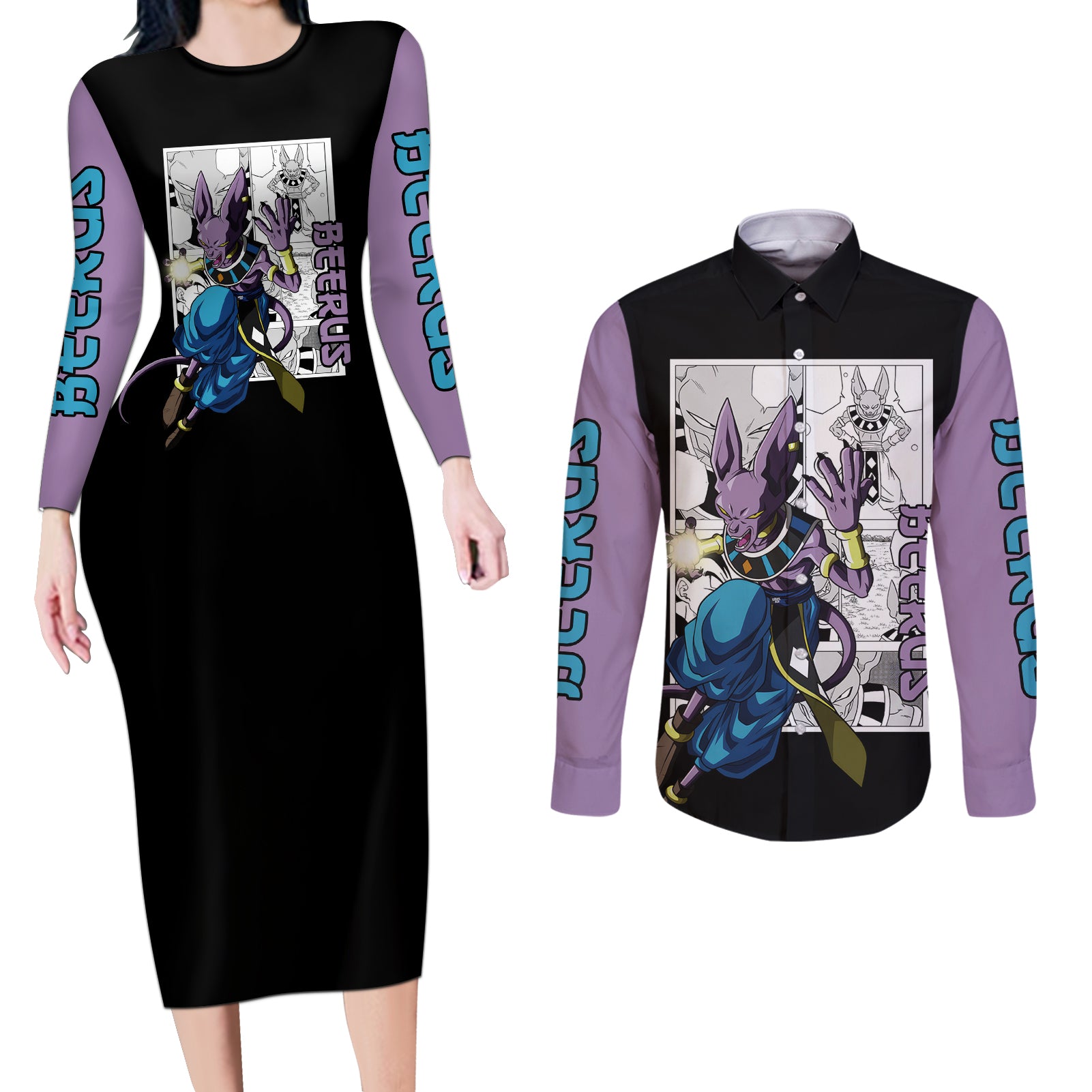 Beerus Couples Matching Long Sleeve Bodycon Dress and Long Sleeve Button Shirt Dragon Ball Mix Anime Manga