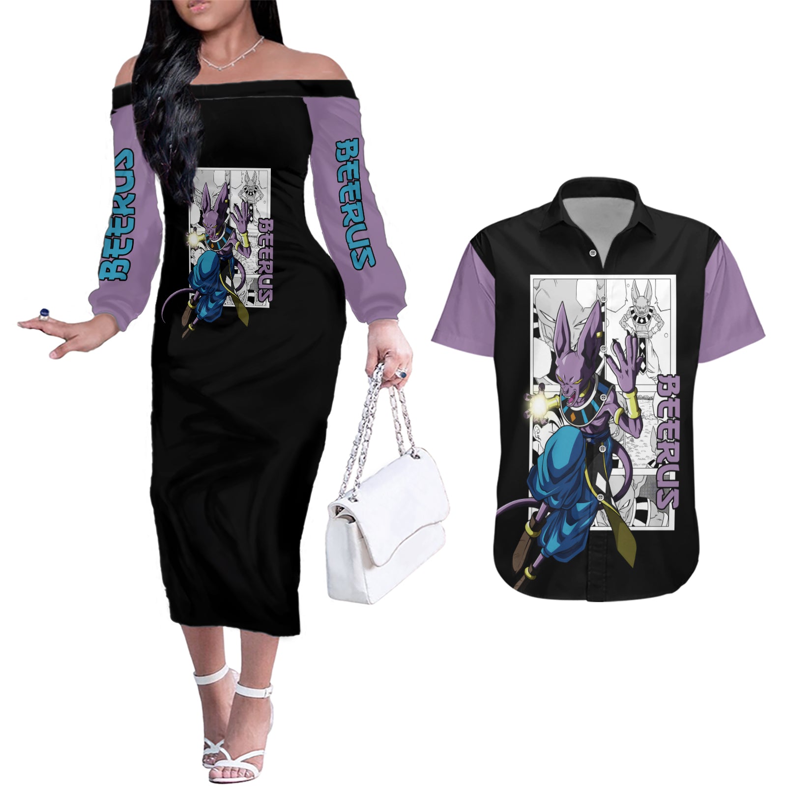 Beerus Couples Matching Off The Shoulder Long Sleeve Dress and Hawaiian Shirt Dragon Ball Mix Anime Manga