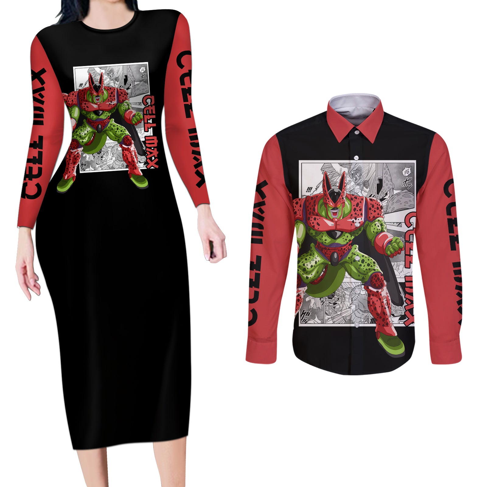 Cell Max Couples Matching Long Sleeve Bodycon Dress and Long Sleeve Button Shirt Dragon Ball Mix Anime Manga