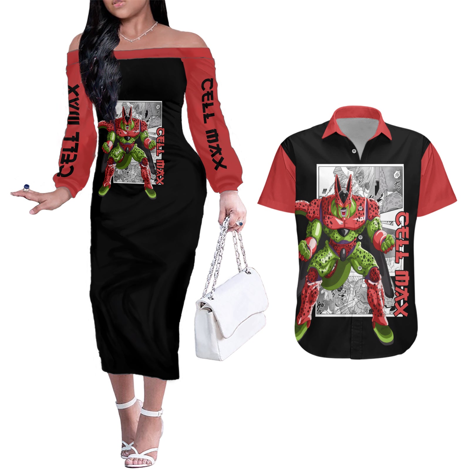 Cell Max Couples Matching Off The Shoulder Long Sleeve Dress and Hawaiian Shirt Dragon Ball Mix Anime Manga