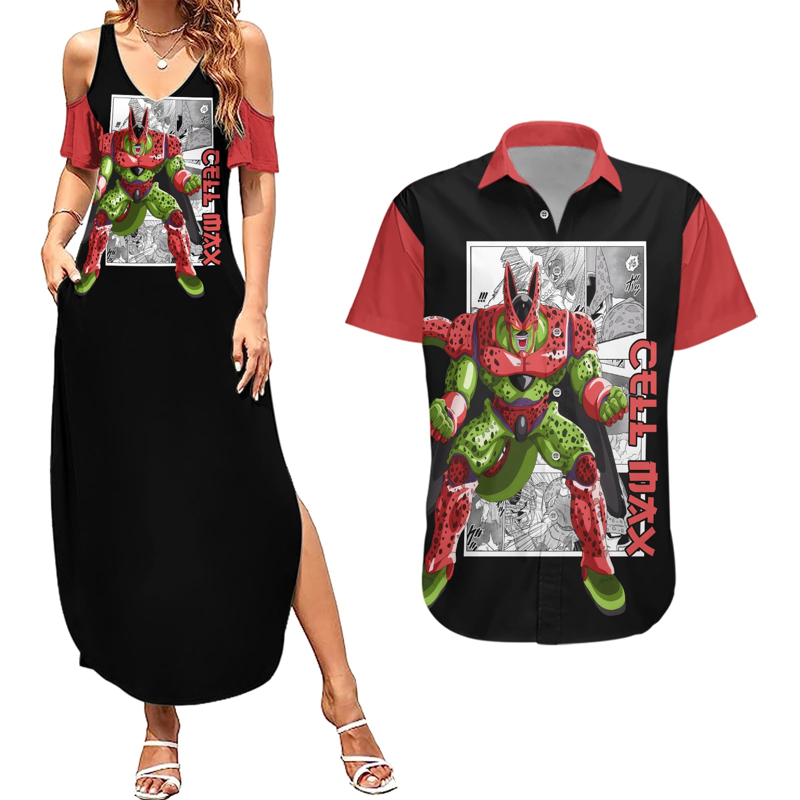 Cell Max Couples Matching Summer Maxi Dress and Hawaiian Shirt Dragon Ball Mix Anime Manga