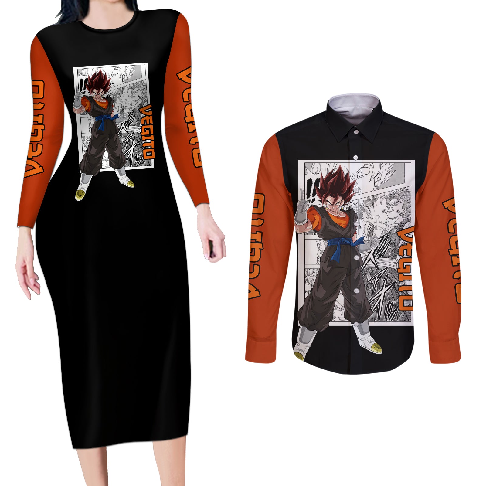 Vegito Couples Matching Long Sleeve Bodycon Dress and Long Sleeve Button Shirt Dragon Ball Mix Anime Manga