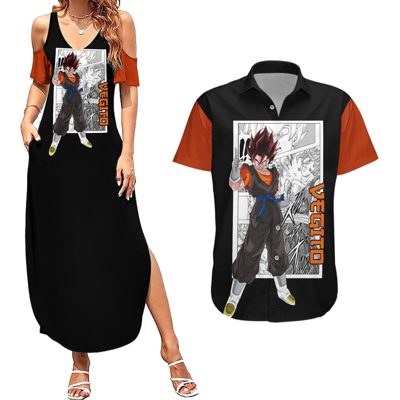 Vegito Couples Matching Summer Maxi Dress and Hawaiian Shirt Dragon Ball Mix Anime Manga