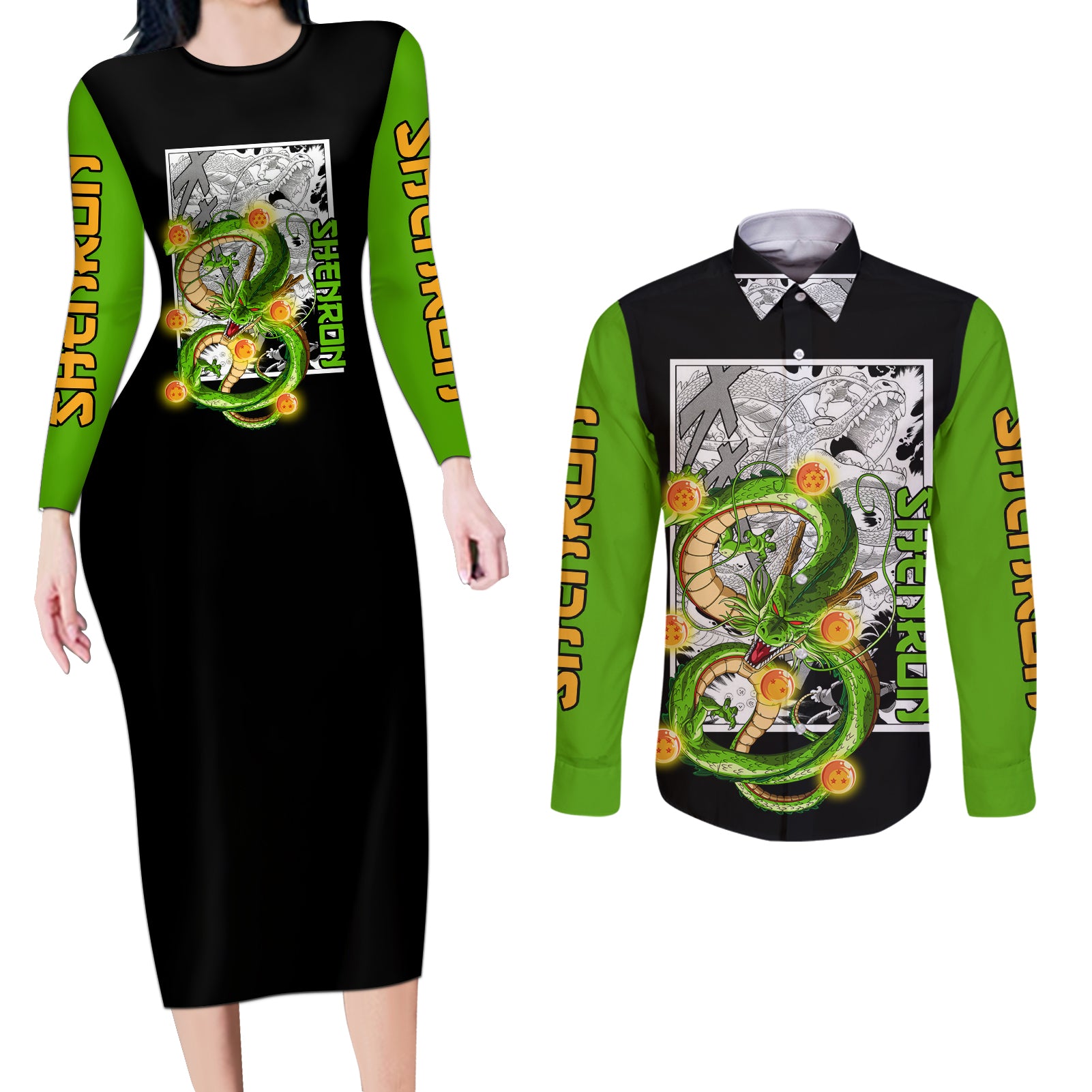 Shenron Couples Matching Long Sleeve Bodycon Dress and Long Sleeve Button Shirt Dragon Ball Mix Anime Manga