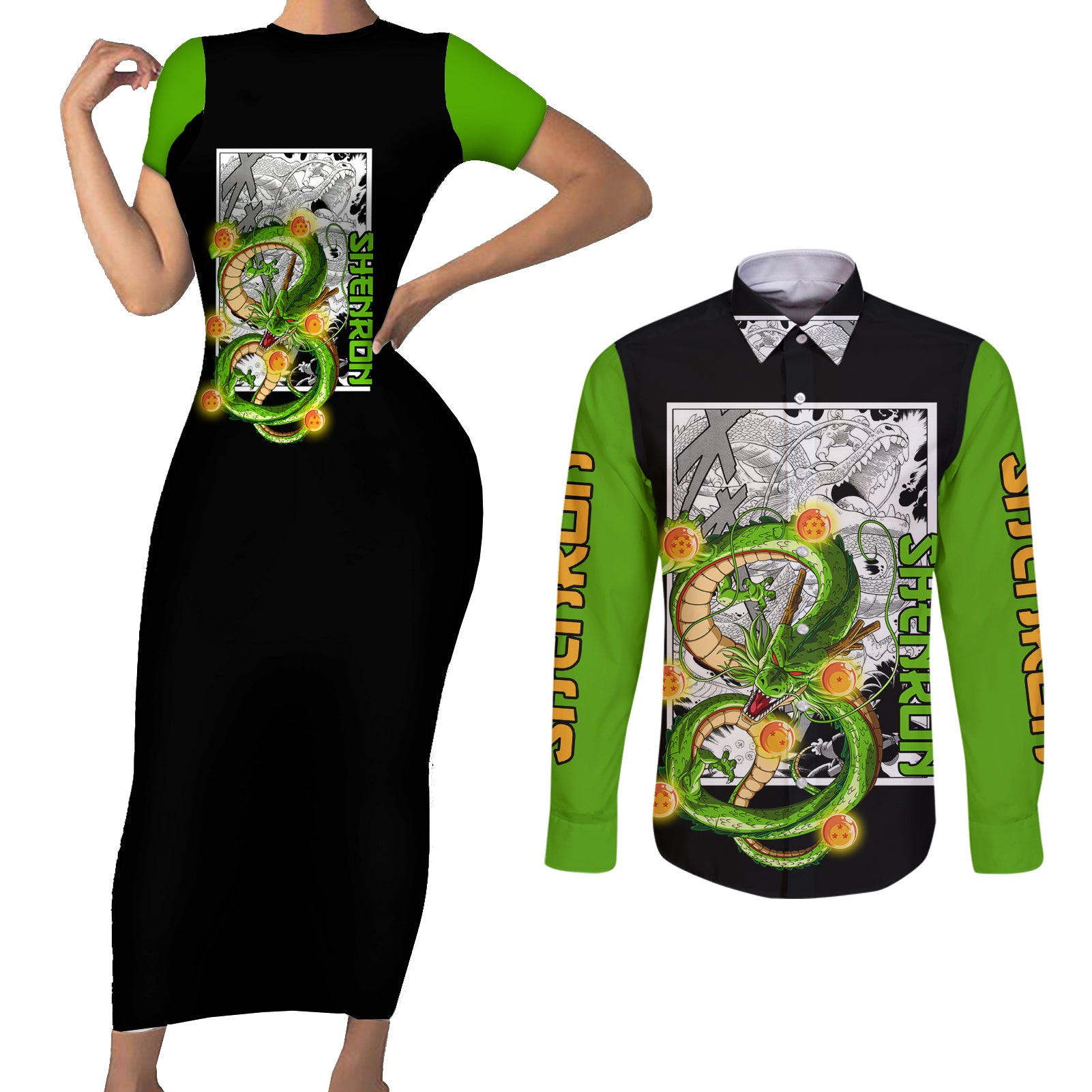 Shenron Couples Matching Short Sleeve Bodycon Dress and Long Sleeve Button Shirt Dragon Ball Mix Anime Manga