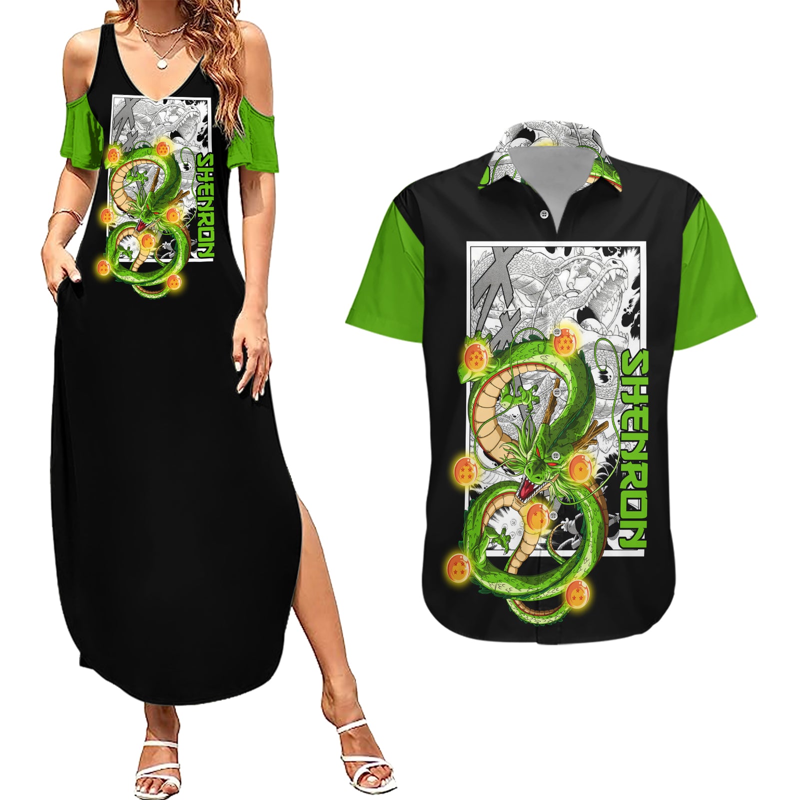 Shenron Couples Matching Summer Maxi Dress and Hawaiian Shirt Dragon Ball Mix Anime Manga