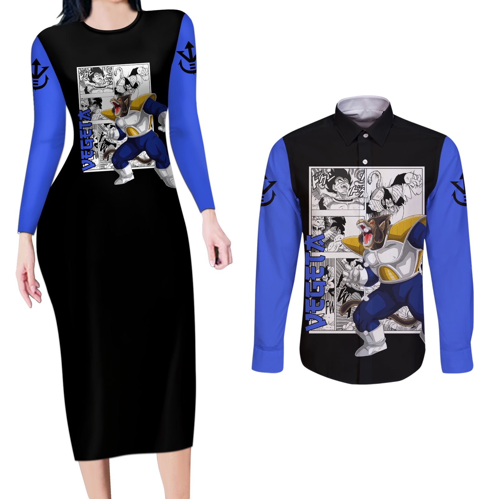 Vegeta Great Ape Couples Matching Long Sleeve Bodycon Dress and Long Sleeve Button Shirt Dragon Ball Mix Anime Manga