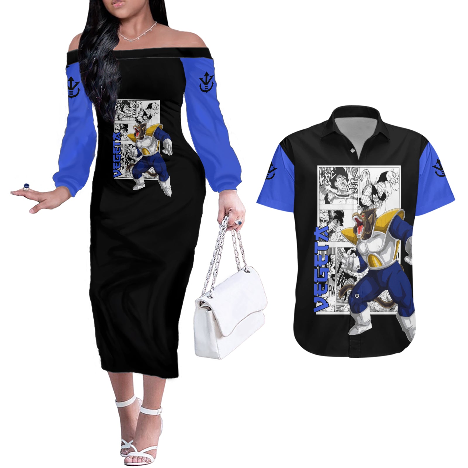 Vegeta Great Ape Couples Matching Off The Shoulder Long Sleeve Dress and Hawaiian Shirt Dragon Ball Mix Anime Manga