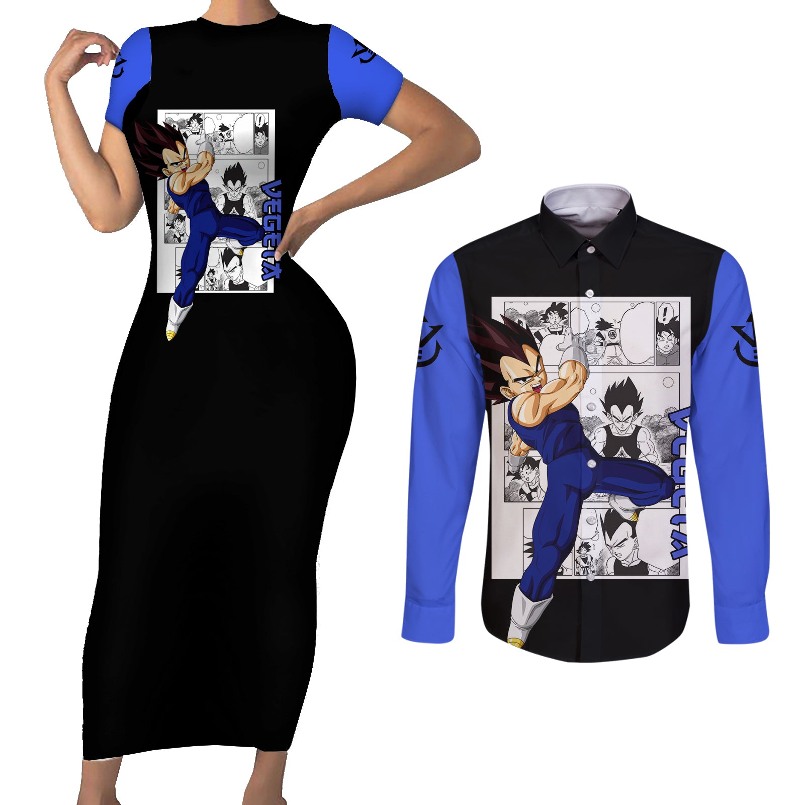 Vegeta Couples Matching Short Sleeve Bodycon Dress and Long Sleeve Button Shirt Dragon Ball Mix Anime Manga