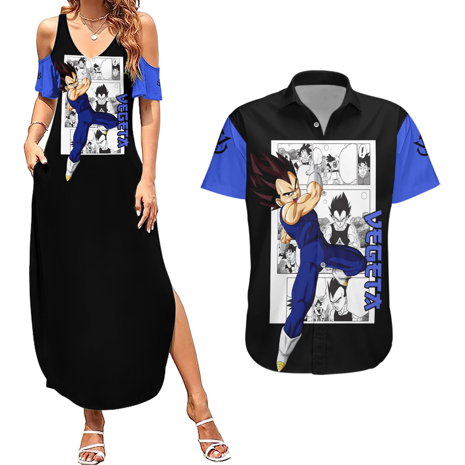 Vegeta Couples Matching Summer Maxi Dress and Hawaiian Shirt Dragon Ball Mix Anime Manga