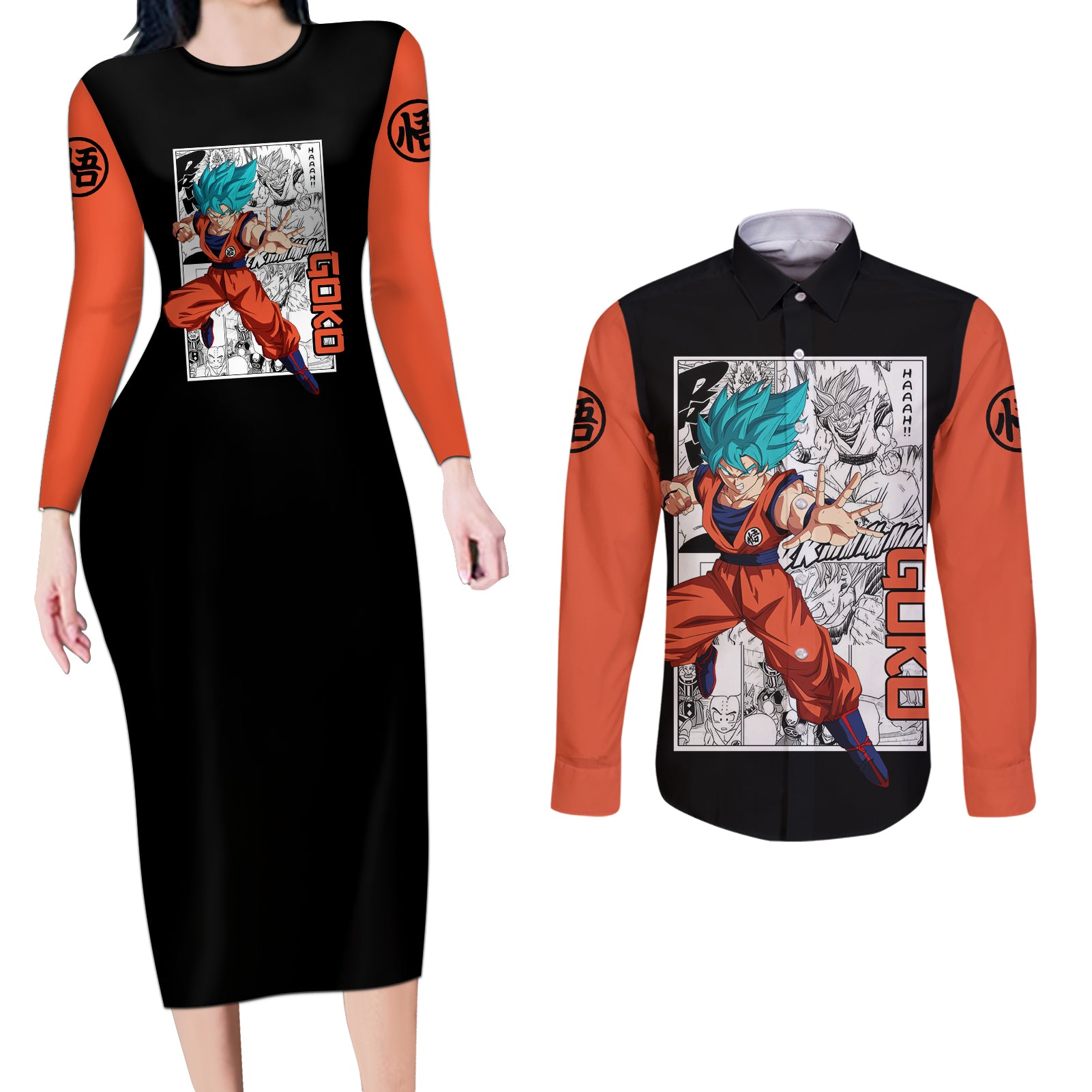 Goku Blue Couples Matching Long Sleeve Bodycon Dress and Long Sleeve Button Shirt Dragon Ball Mix Anime Manga