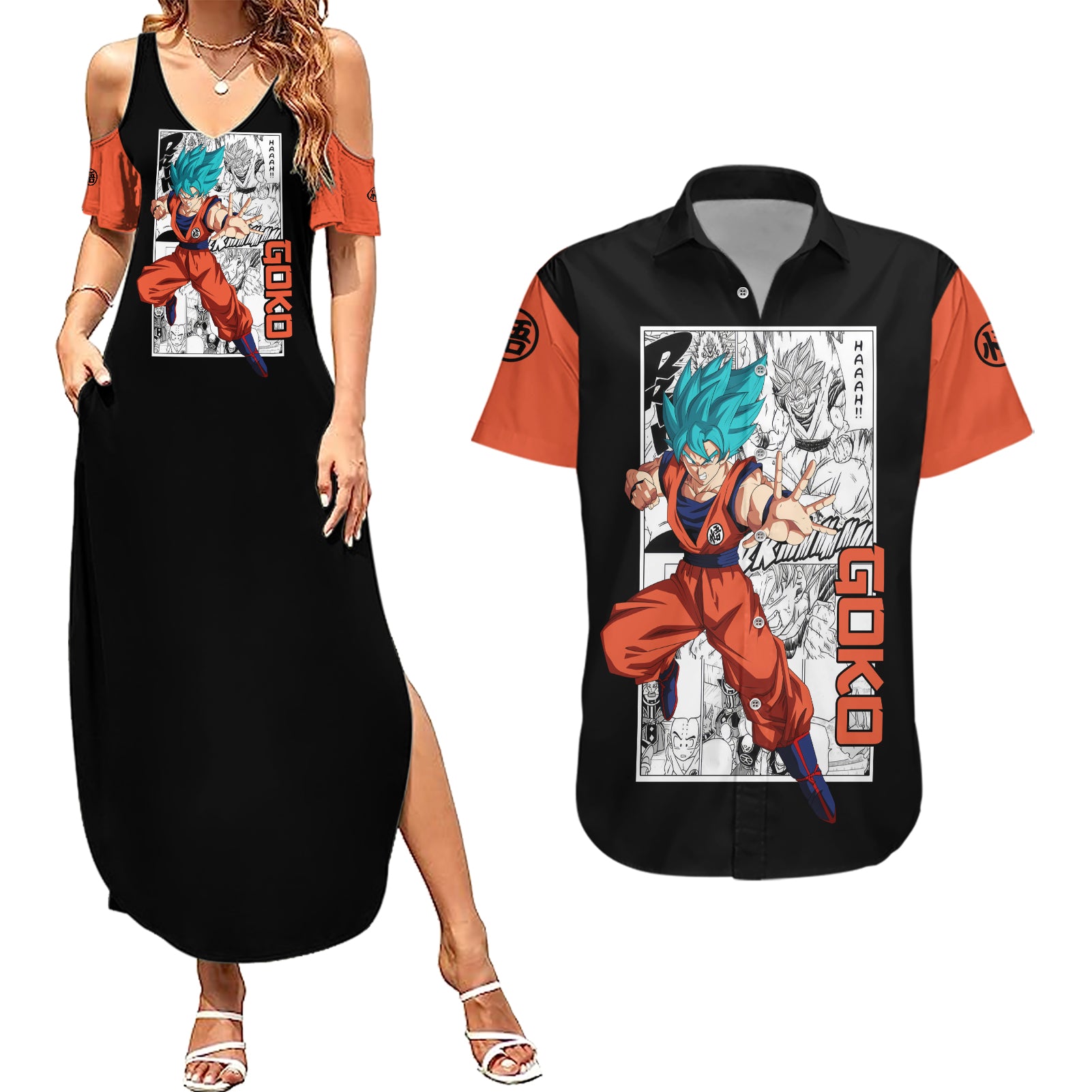 Goku Blue Couples Matching Summer Maxi Dress and Hawaiian Shirt Dragon Ball Mix Anime Manga