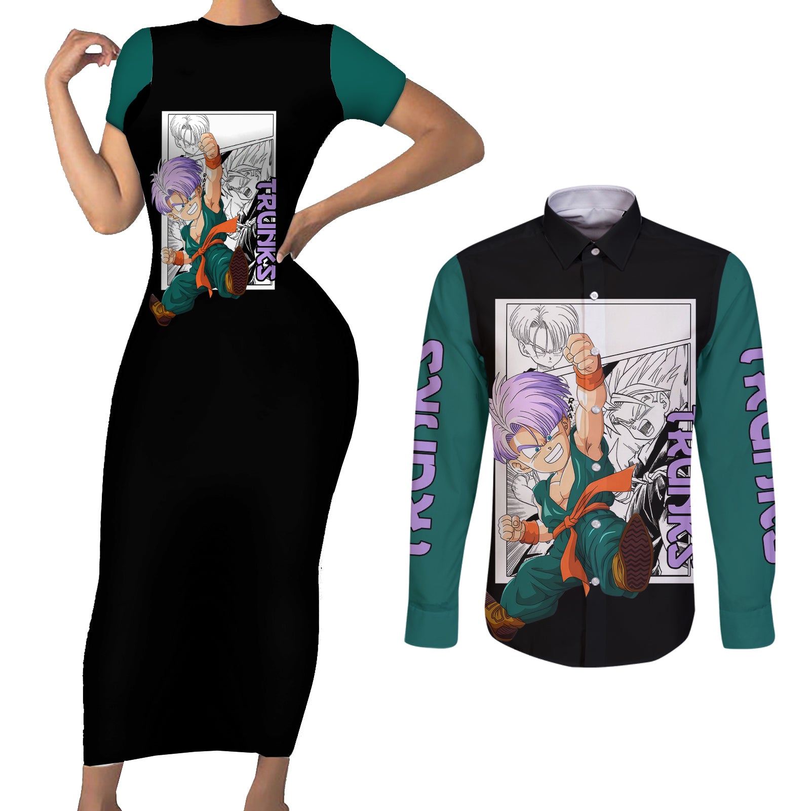 Trunks Kid Couples Matching Short Sleeve Bodycon Dress and Long Sleeve Button Shirt Dragon Ball