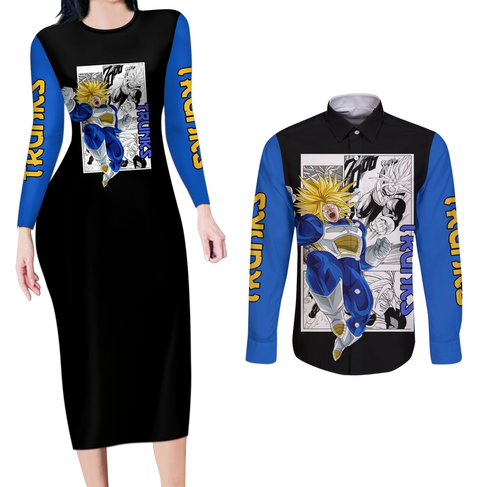 Future Trunks Ultra SSJ Couples Matching Long Sleeve Bodycon Dress and Long Sleeve Button Shirt Dragon Ball