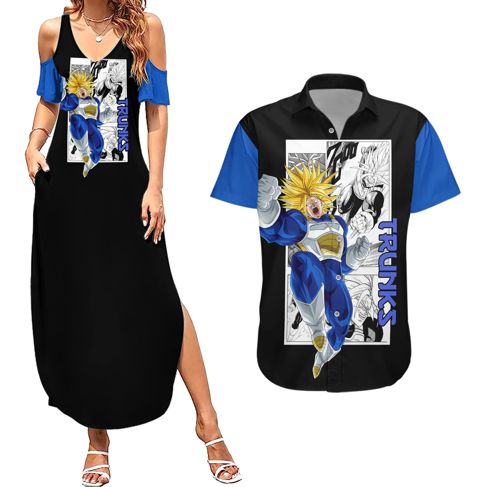 Future Trunks Ultra SSJ Couples Matching Summer Maxi Dress and Hawaiian Shirt Dragon Ball