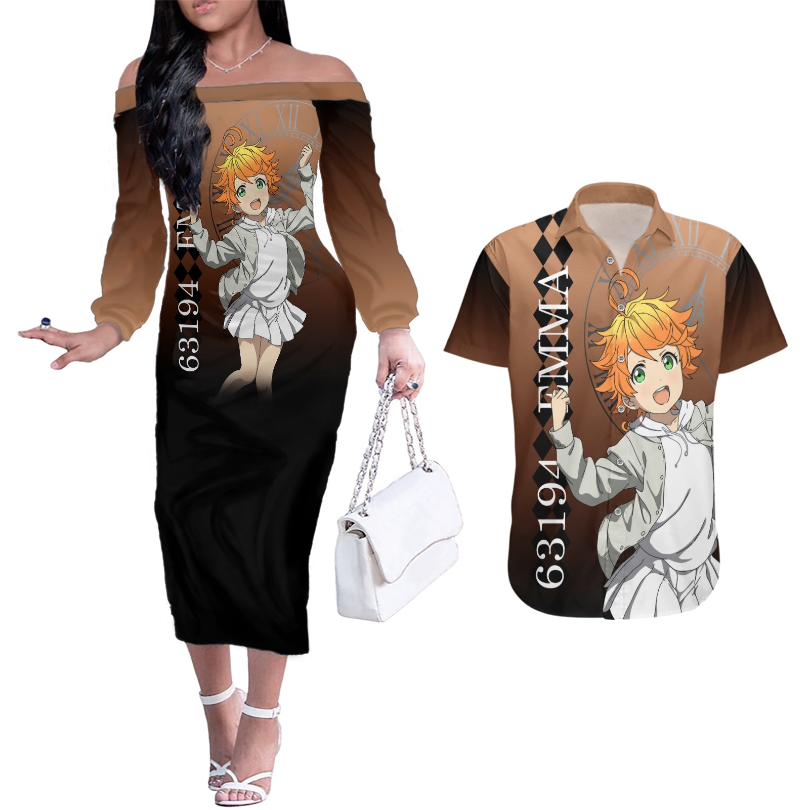 Emma Couples Matching Off The Shoulder Long Sleeve Dress and Hawaiian Shirt The Promised Neverland