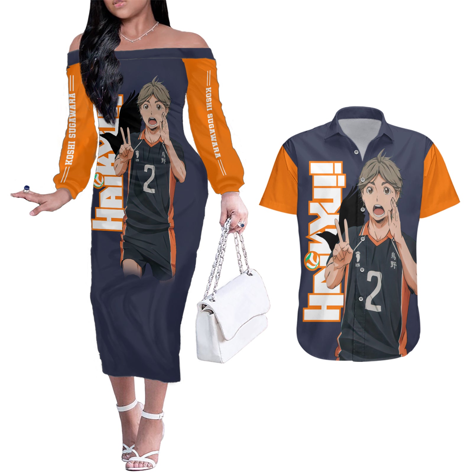 Karasuno Koshi Sugawara Couples Matching Off The Shoulder Long Sleeve Dress and Hawaiian Shirt Haikyu